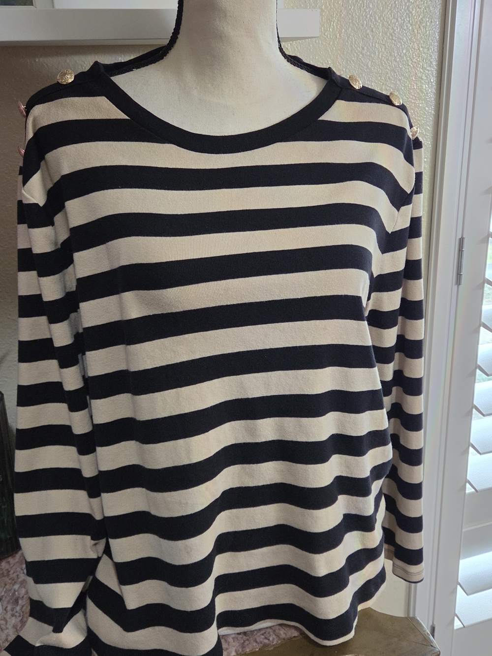 Rafaella Striped Black and Cream Button Shoulder Sweater, Size XXL